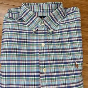 Ralph Lauren Mens Large Plaid Button Down Shirt Blue Green Pony Logo Cotton
